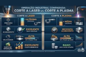 Infográfico técnico comparativo entre usinagem de corte a laser e corte a plasma da BMV Betenheuser, destacando indicadores de precisão, acabamento, velocidade e custo operacional para a indústria.
