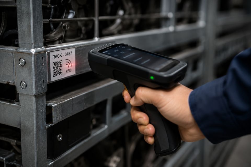 rastreamento de embalagem retornável com RFID e QR code